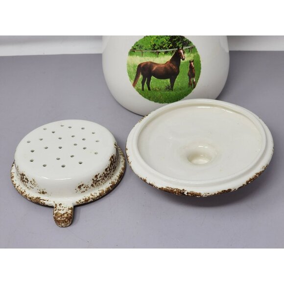 Vintage Ceramic Grease Jar With Strainer And‎ Lid Horse Decal Kitchen Decor - Picture 8 of 12